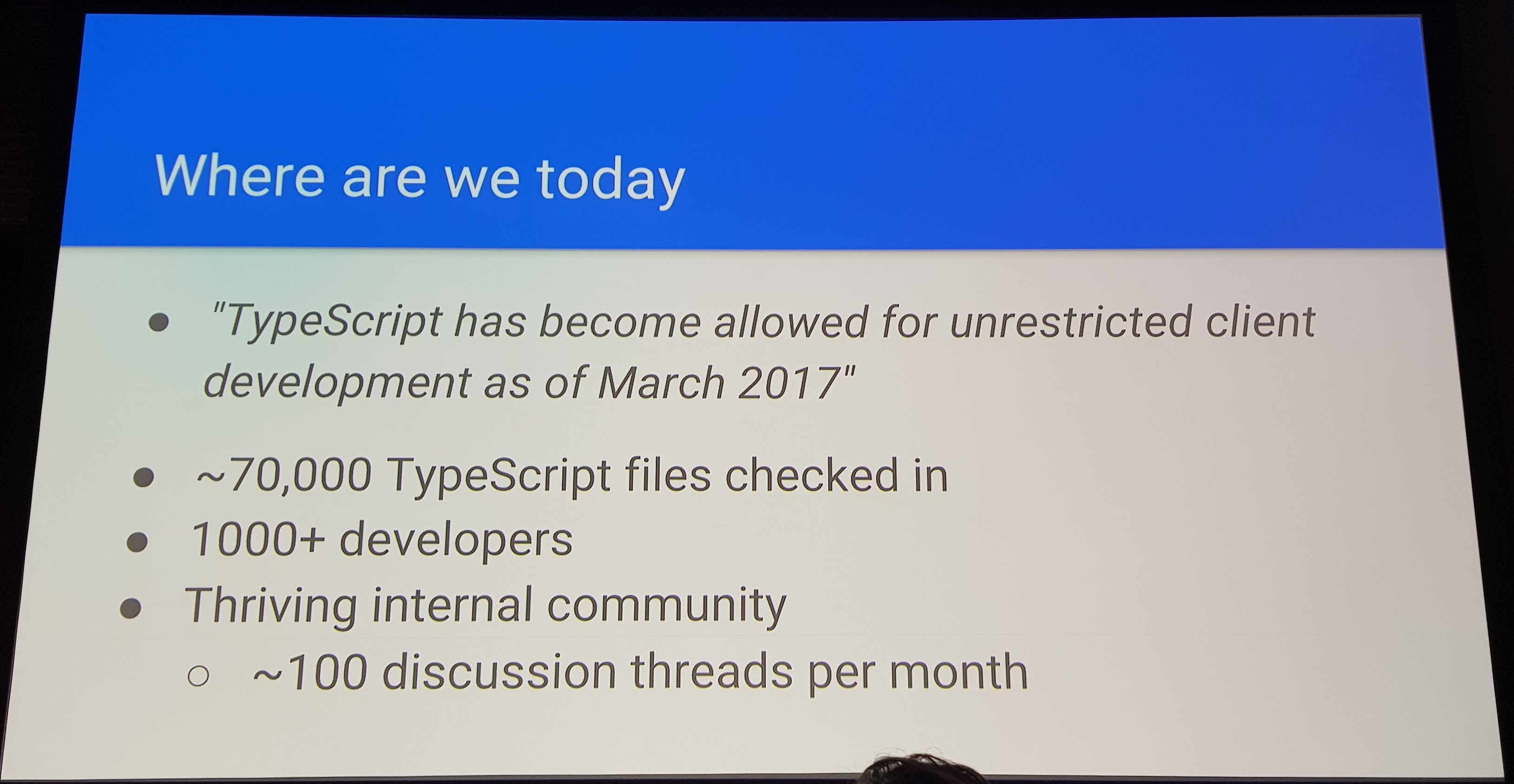 A slide showing the current usage of TypeScript at Google