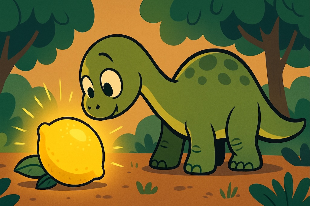 A 2-D cartoon child sauropod investigating a large glowing lemon on the ground
