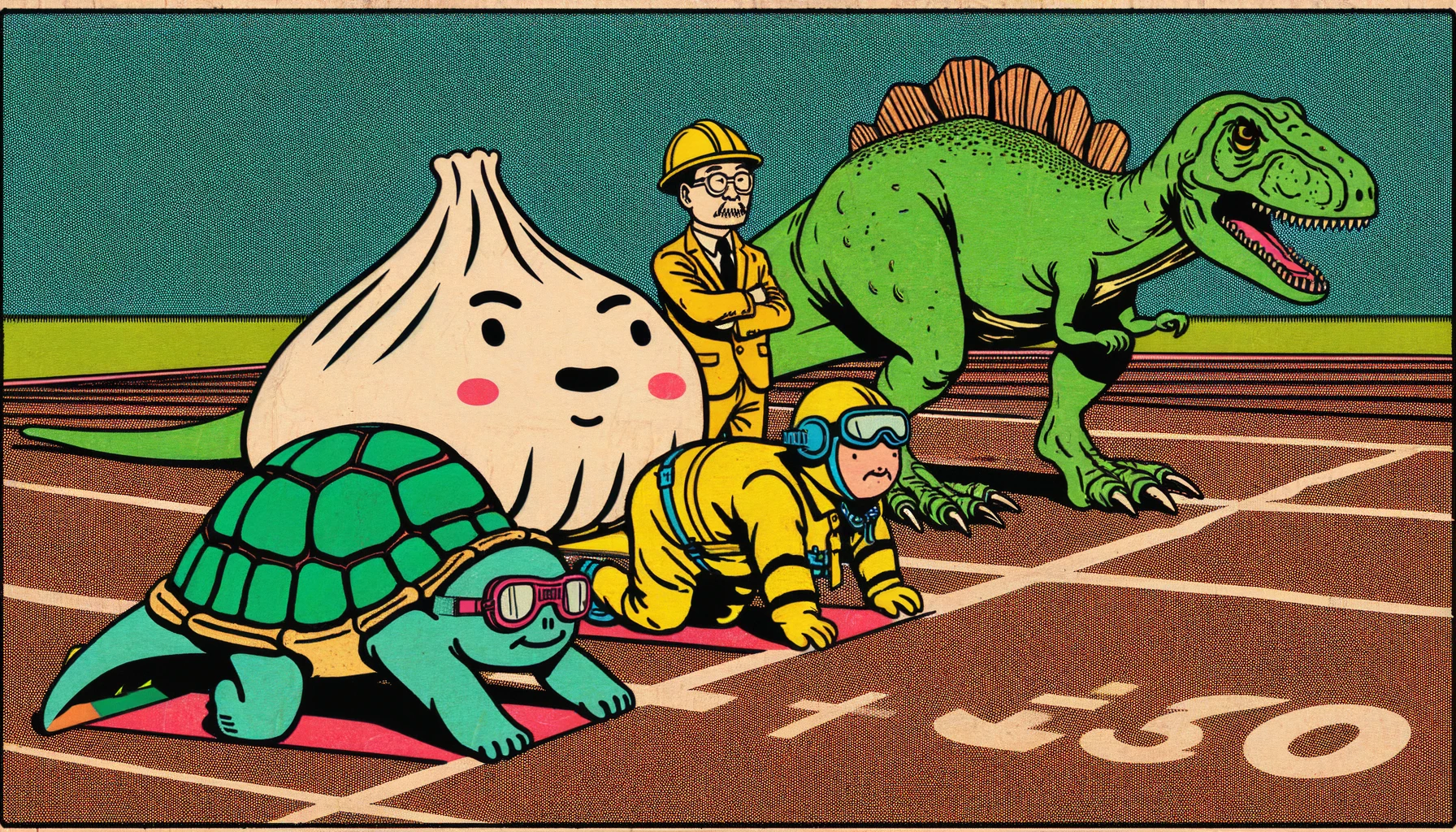 Runners at the starting blocks featuring an anthropomorphic Chinese dumpling, a cartoon brontosaurus, a construction worker in hi-viz, and a turtle wearing flight goggles